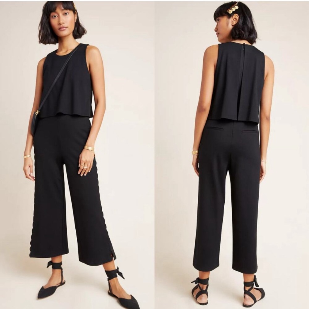 Anthropologie The Essential Scalloped Jumpsuit Black Cropped Petite 2P Cocktail